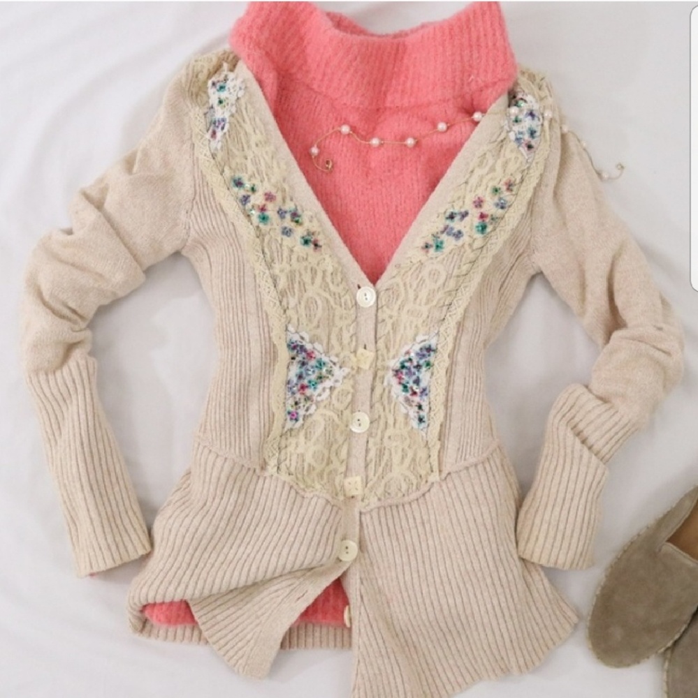 Free People Lace & Multicolor Sequin Cardigan